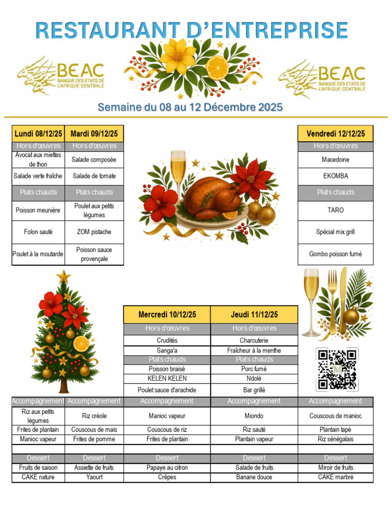 Menu du Restaurant d'Entreprise 08-12 Déc 2025 | PDF | Légumes | sauce