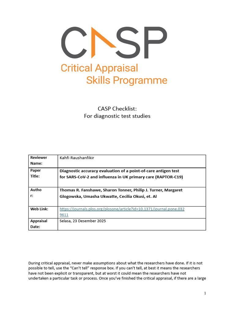 CASP Checklist for Diagnostic Tests | PDF | Differential Diagnosis ...