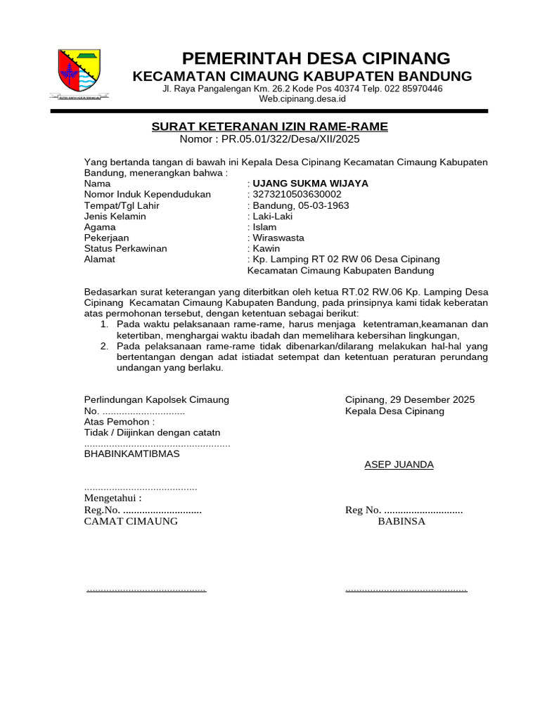 Izin Rame-Rame Tasyakur Pernikahan Cipinang | PDF