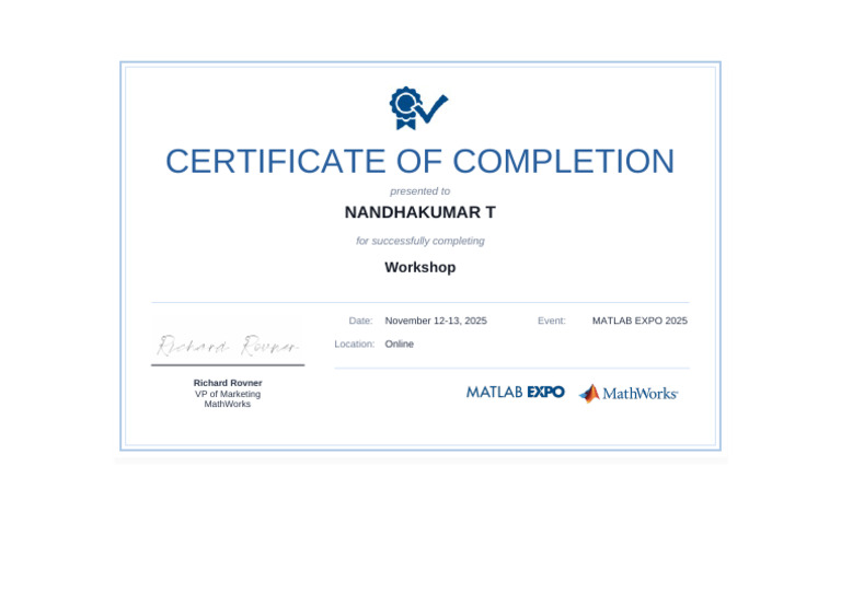 MATLAB EXPO 2025 Completion Certificate | PDF