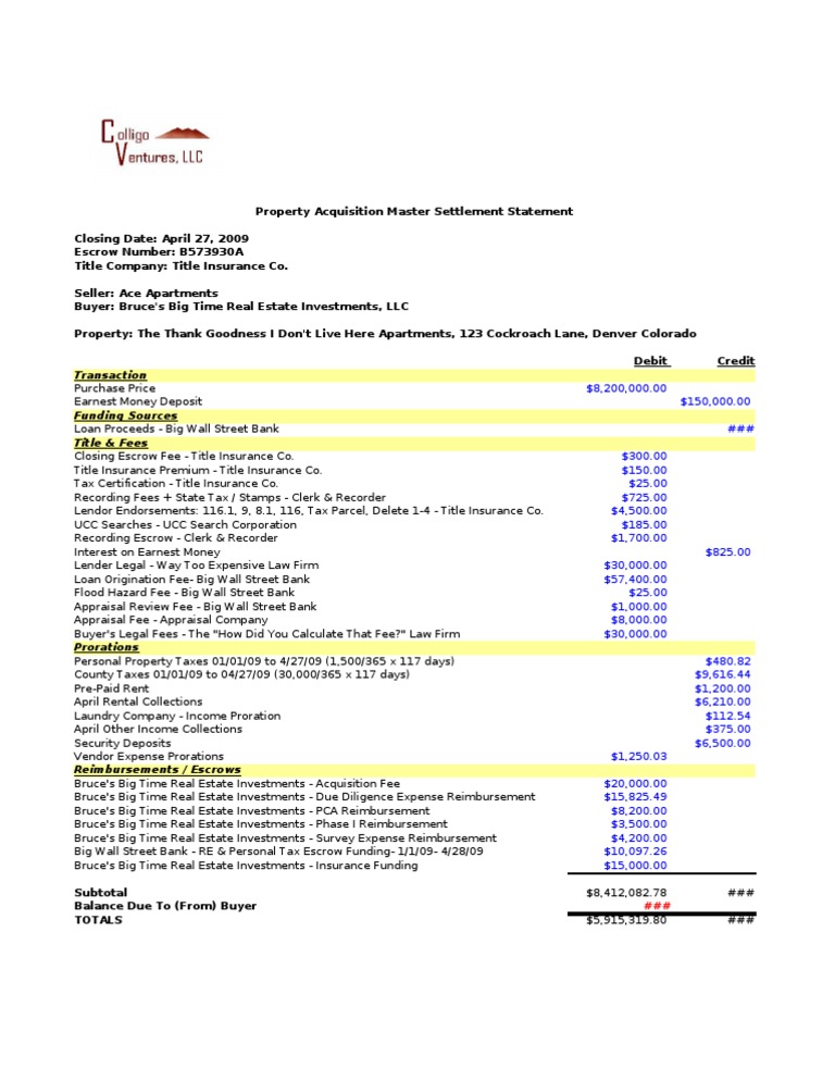 Property Acquisition Settlement Statement Example Title Insurance