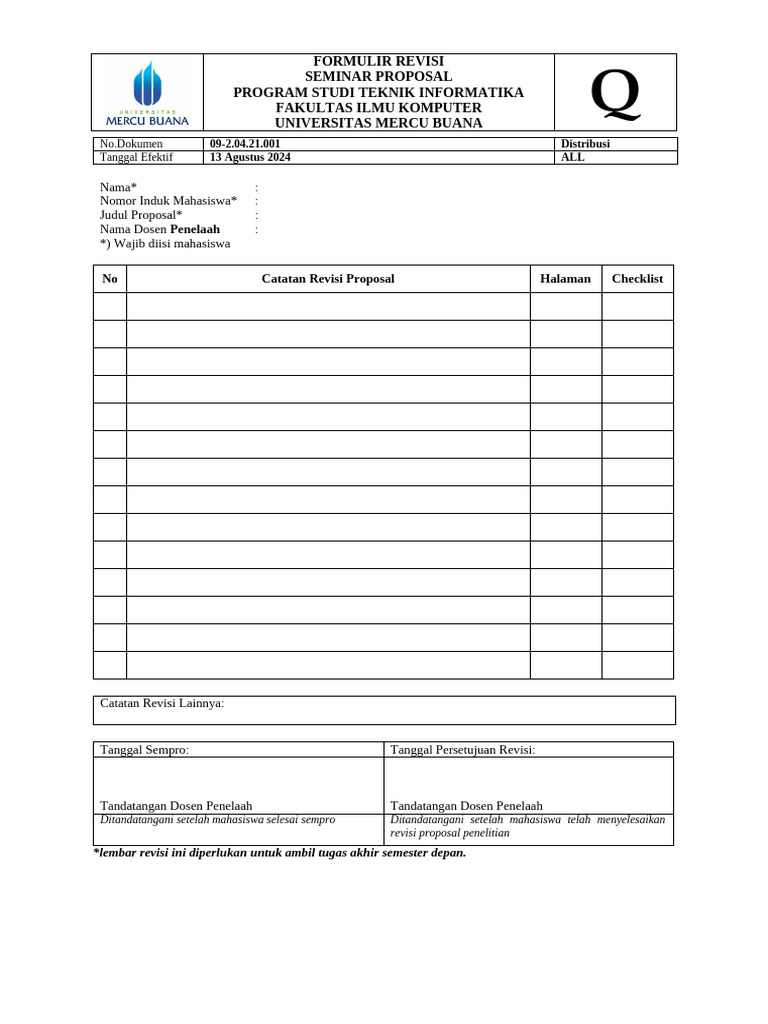 Formulir Revisi Proposal Seminar IT | PDF