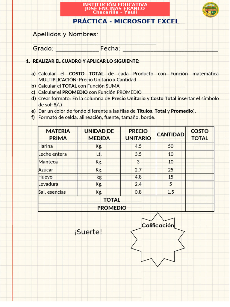 Práctica de Excel: Cálculos y Formatos | PDF | Microsoft Excel ...