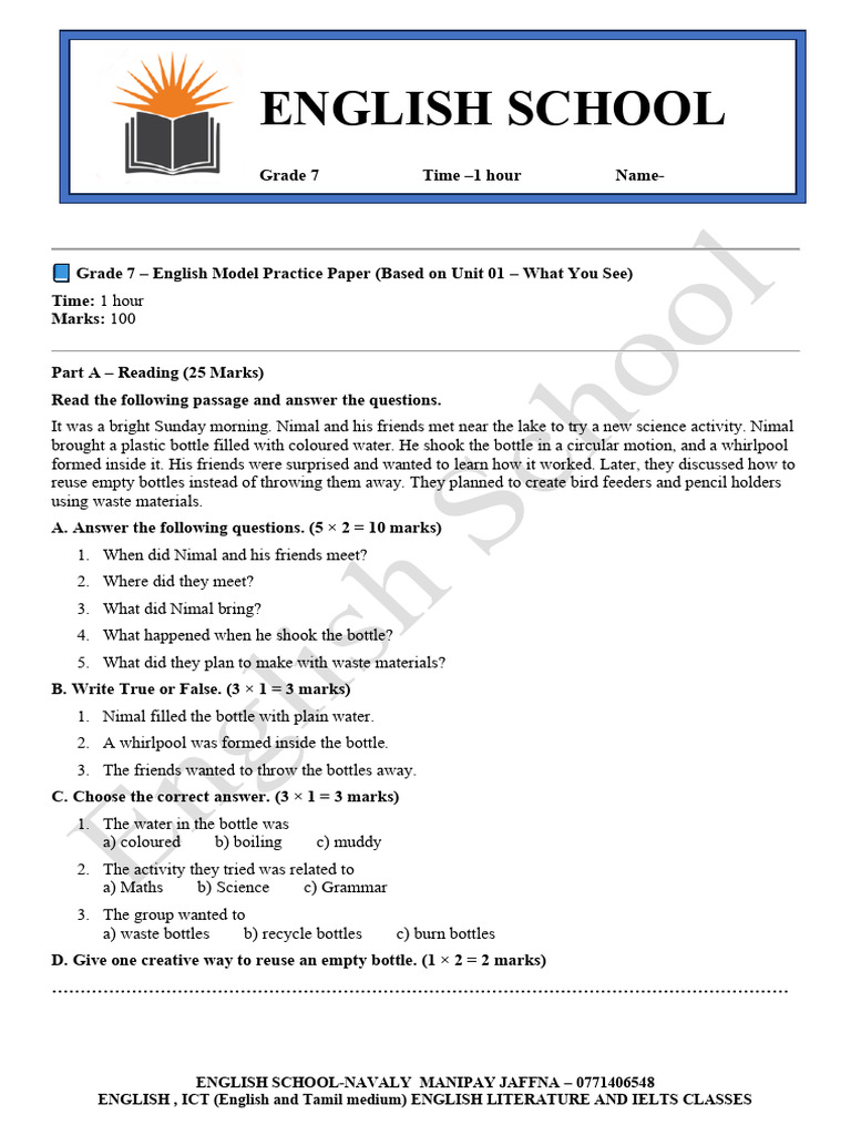 Grade 7 English Model Practice Paper | PDF | English Language | Linguistics