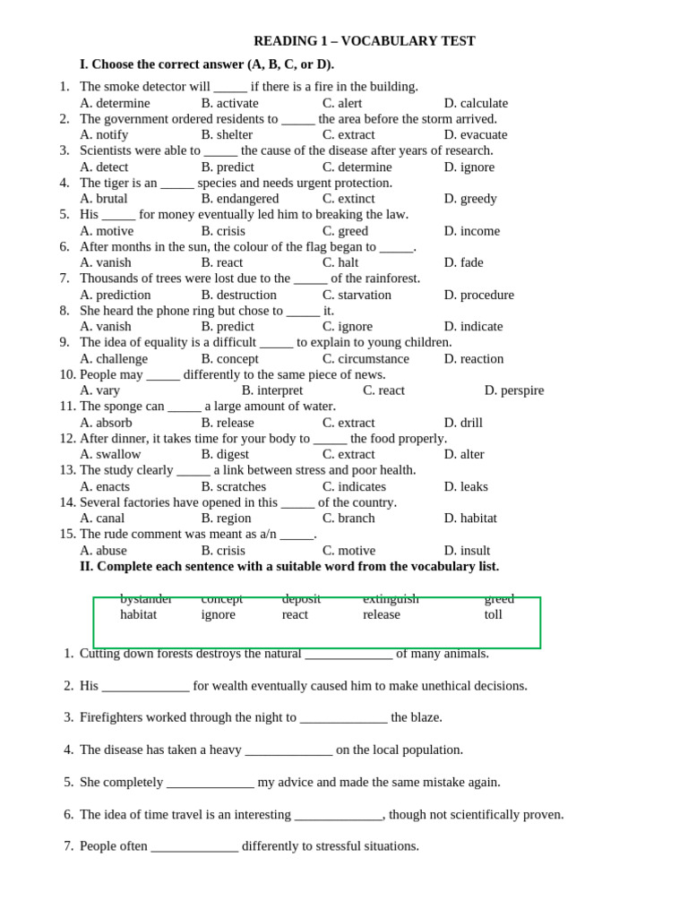 Vocabulary Test for Reading Skills | PDF