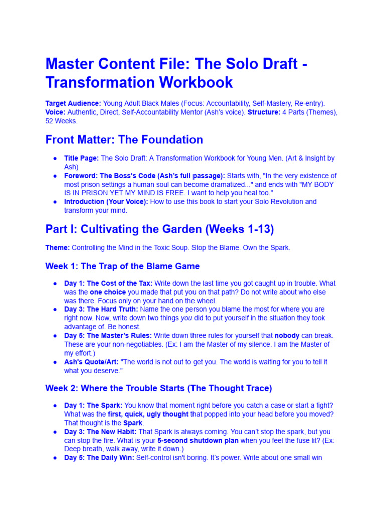 Solo Draft: Transformation Workbook for Young Men | PDF