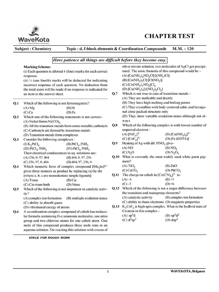 Chapter Test-23 (d, F-block Elements & Coordination Compounds) | PDF