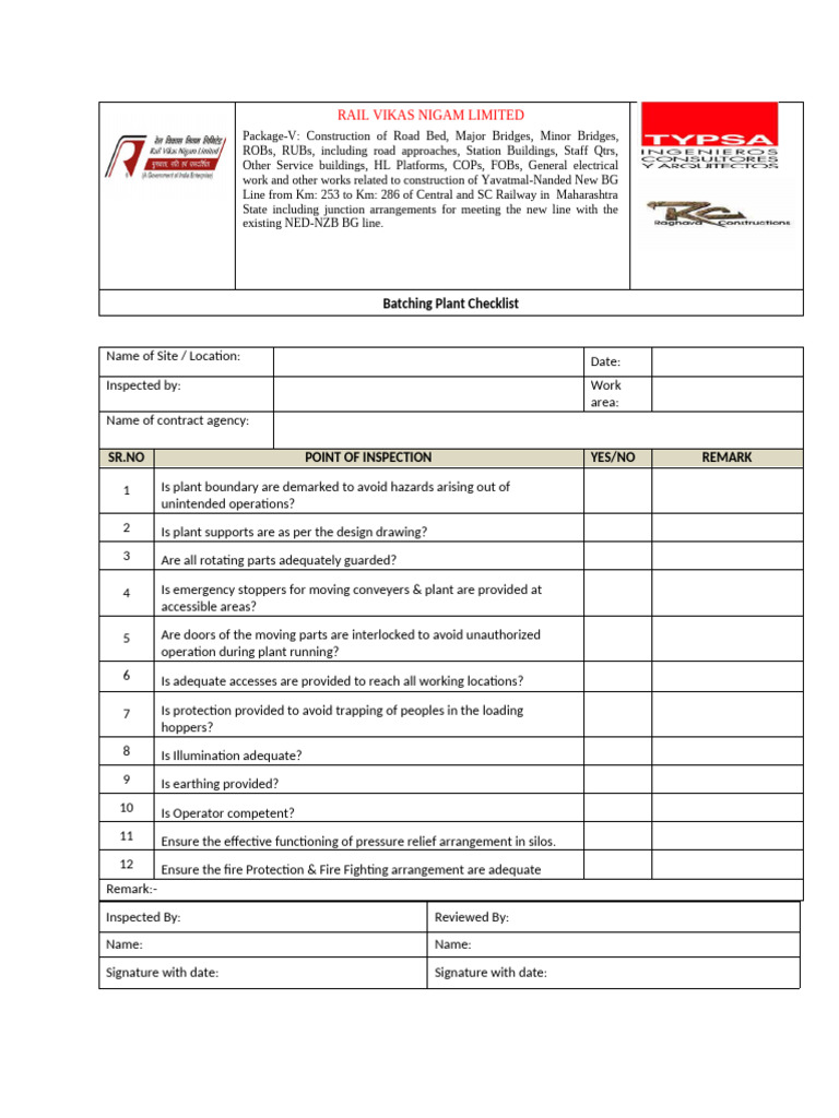 Batching Plant Safety Inspection Checklist | PDF