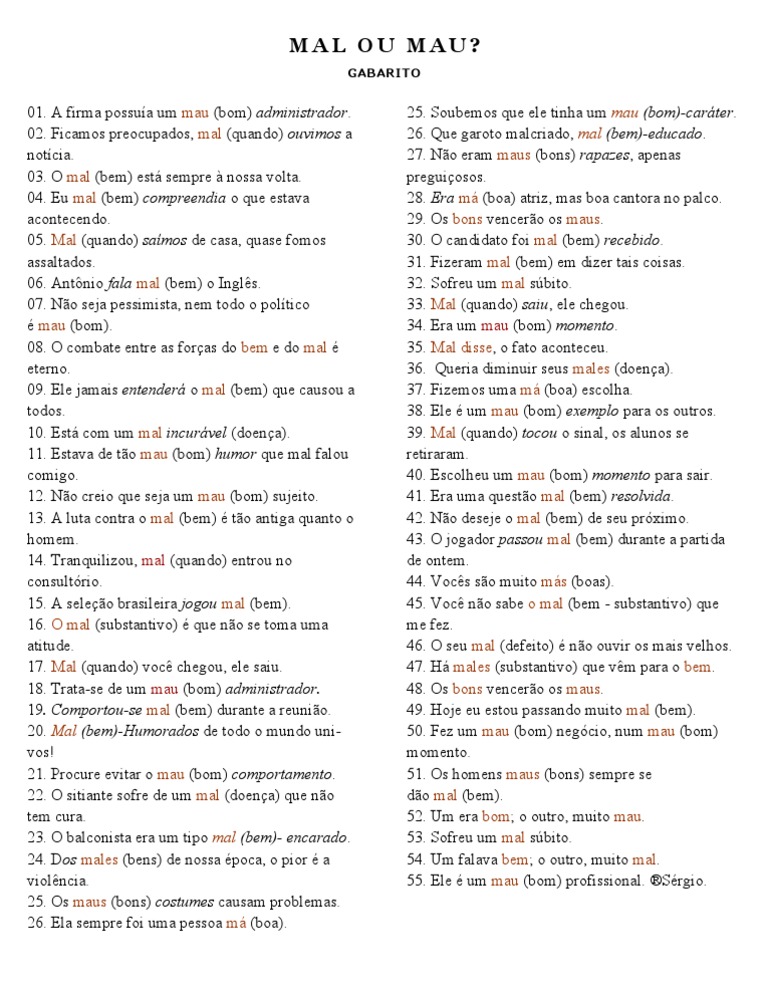 Complete As Frases A Seguir Com Mal Ou Mau
