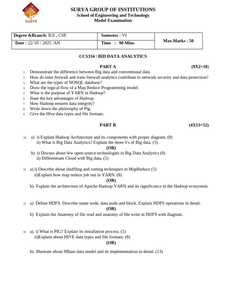 Big Data Analytics Exam Paper B.E CSE | PDF