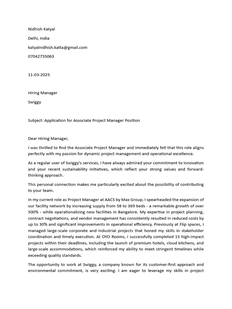Application for Swiggy Project Manager Role | PDF