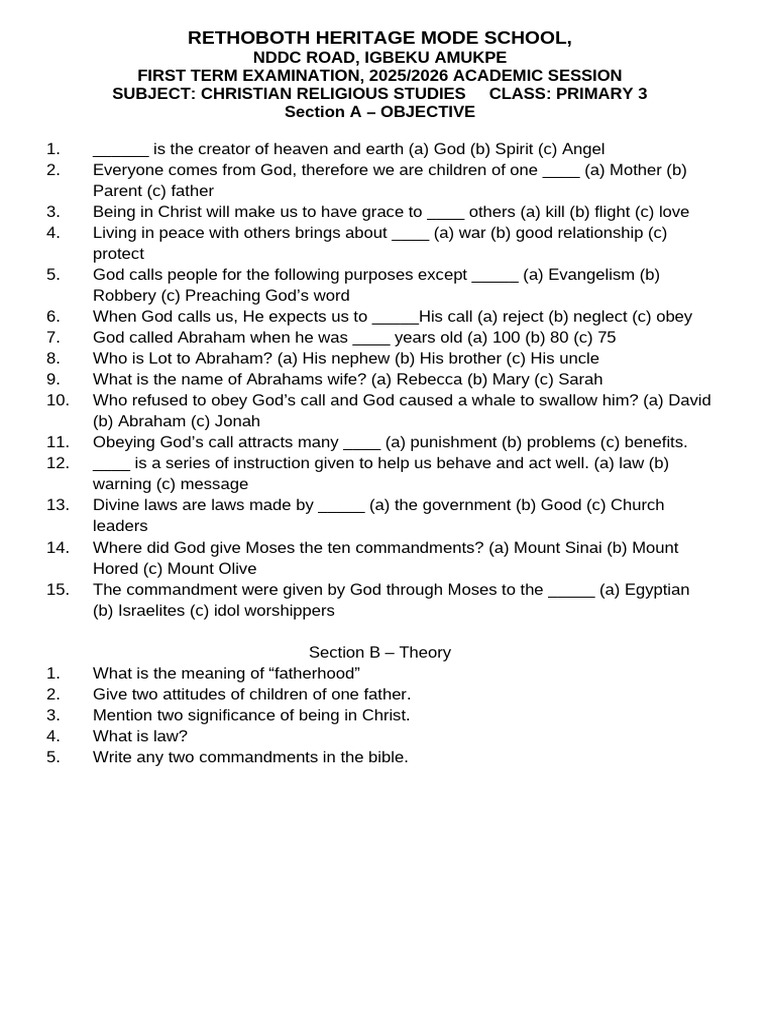 Primary 3 First Term Exam 2025/2026 | PDF | Ten Commandments | Abraham