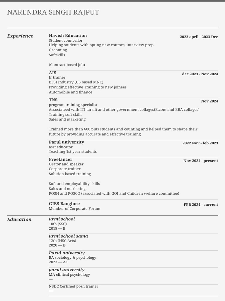 Professional Profile of Narendra Singh Rajput | PDF | Business
