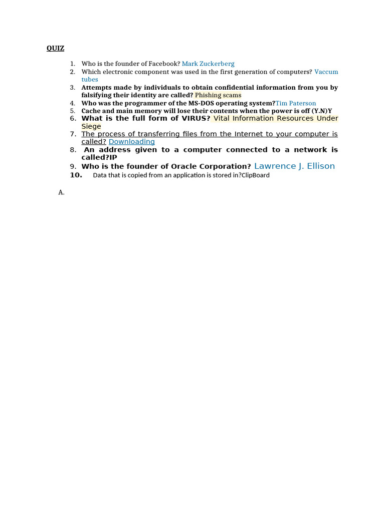 Computer Knowledge Quiz Questions | PDF