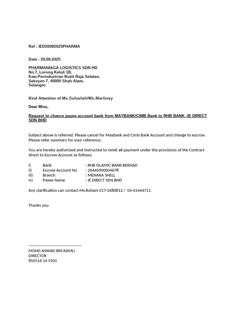 Change of Bank Account Request | PDF