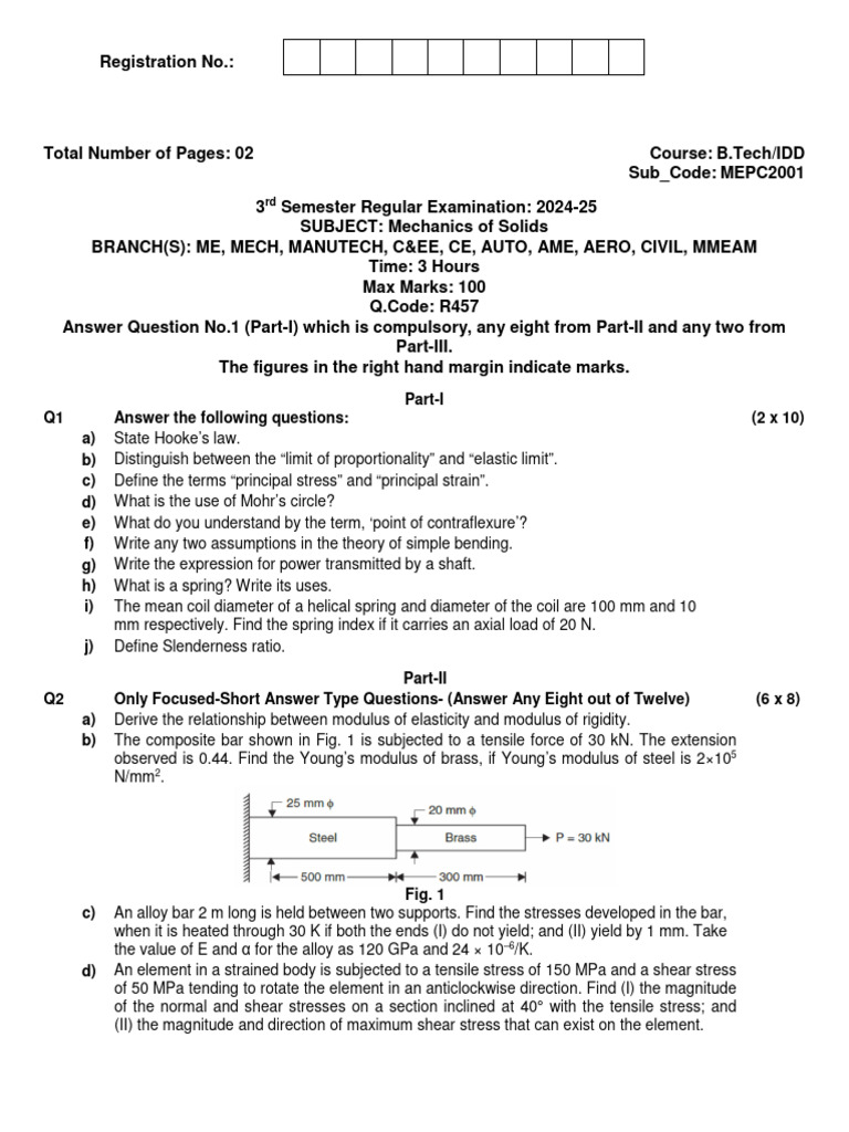 Mechanics of Solids Exam Paper 2024-25 | PDF | Stress (Mechanics ...