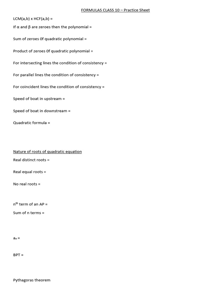 Class 10 Math Formulas Practice Sheet | PDF