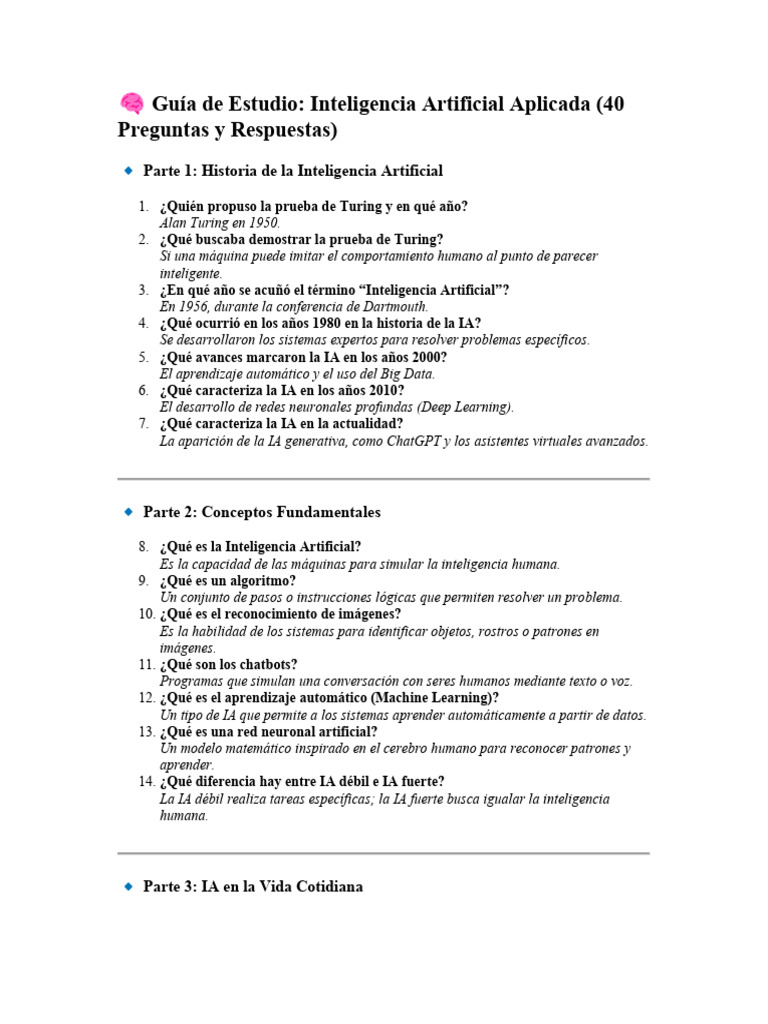 Guía de IA: 40 Preguntas y Respuestas | PDF | Inteligencia artificial ...