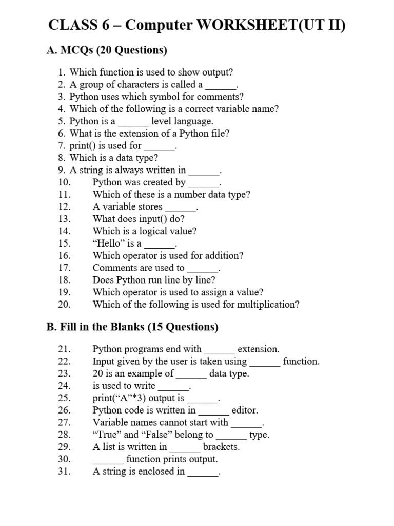 Class 6 Python Worksheet MCQs & Answers | PDF | Data Type | Python ...