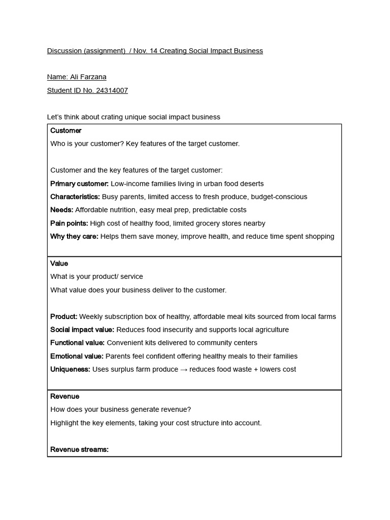 Discussion (Assignment) Nov. 14 Creating Social Impact Business | PDF