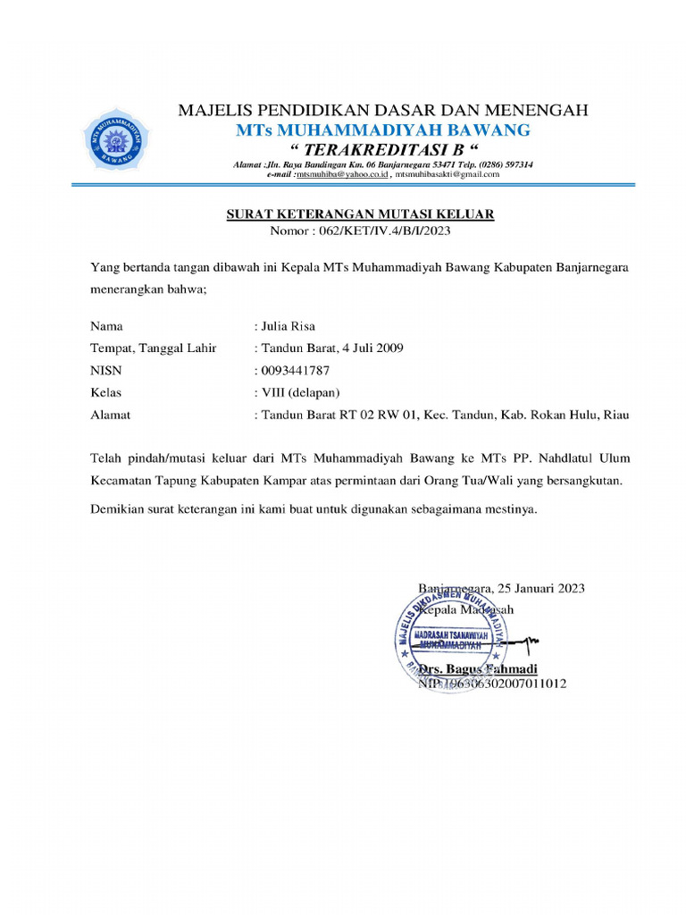 Surat Mutasi Keluar Julia Risa | PDF