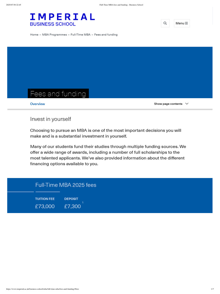 MBA Imperial Business School | PDF | Fee | Master Of Business ...