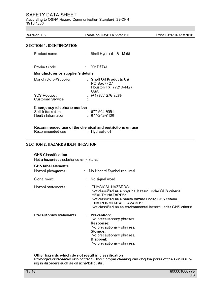 Shell Hydraulic S1 M 68 Safety Data Sheet | PDF | Safety | Occupational ...