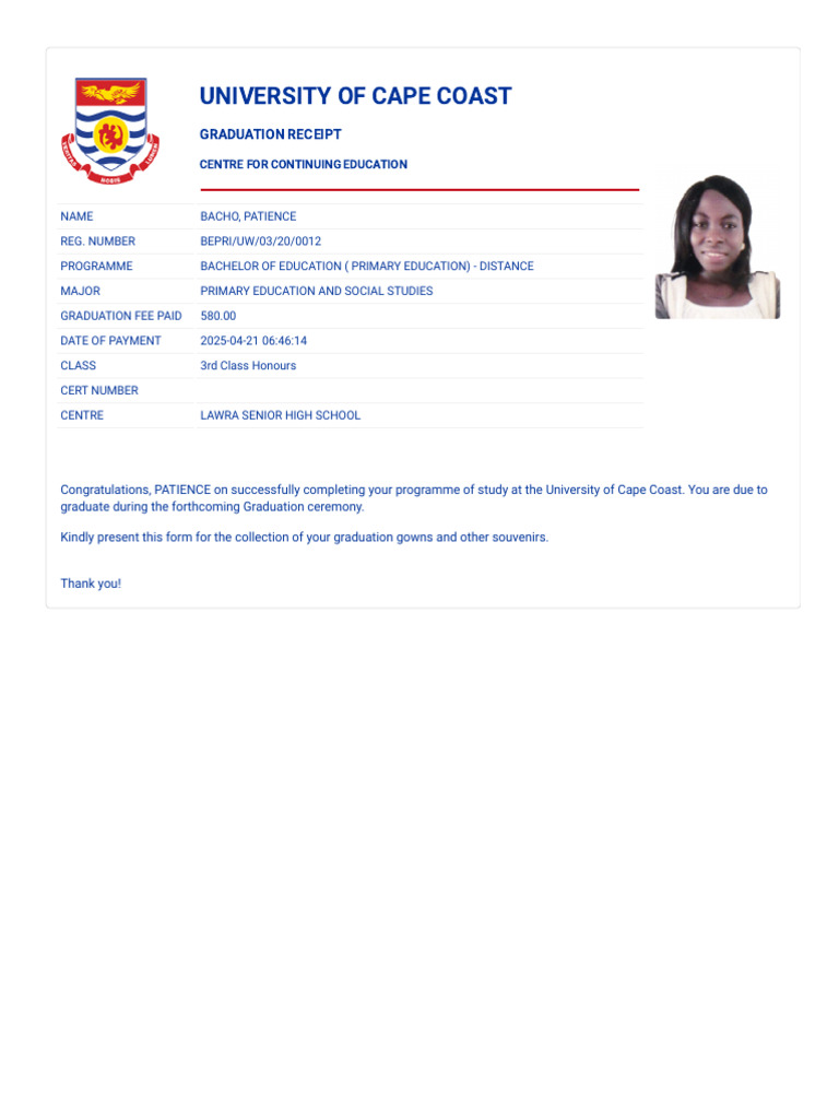 UCC Graduation Receipt for Patience Bacho | PDF