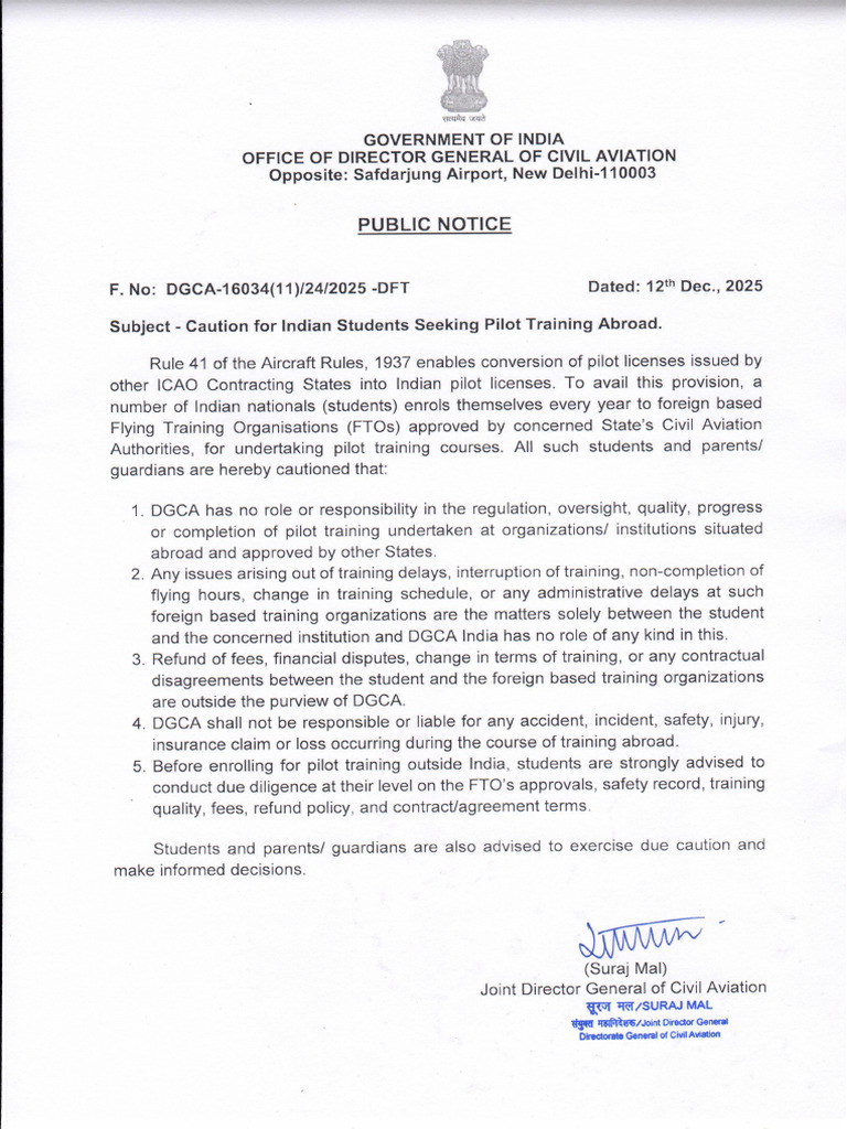 Public Notice- Caution for Indian Students Seeking Pilot Training ...