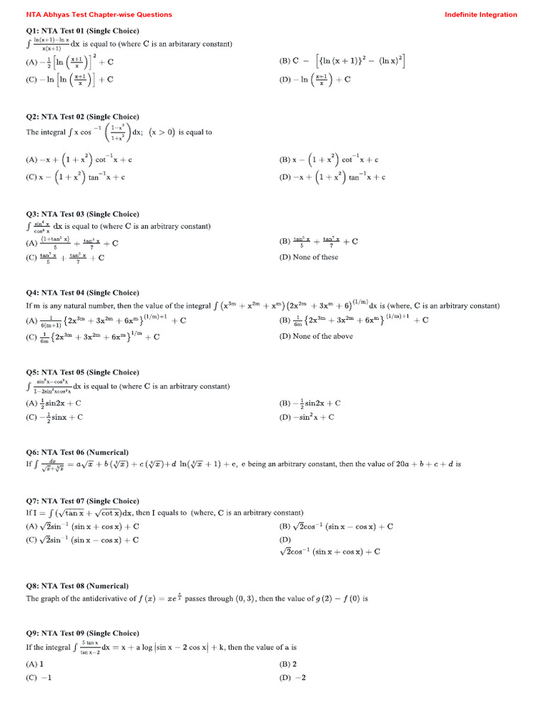 NTA Abhyas Test: Indefinite Integration Questions | PDF