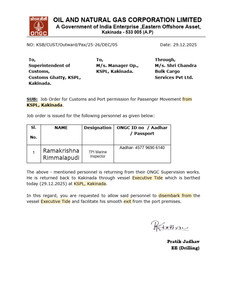 Customs Job Order for ONGC Personnel | PDF