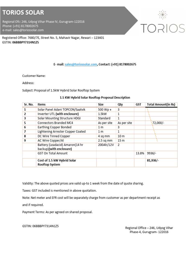 1.5 Kw Rooftop Hybrid Solar Plant Quote | PDF | Electrical Engineering ...