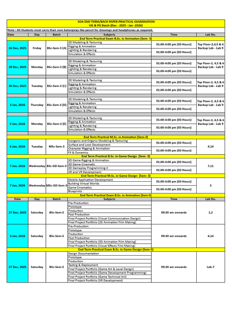 SOA-End Term Practical Exam Schedule_Sem-3 and 5 | PDF | 3 D Computer Graphics | Computer Graphics