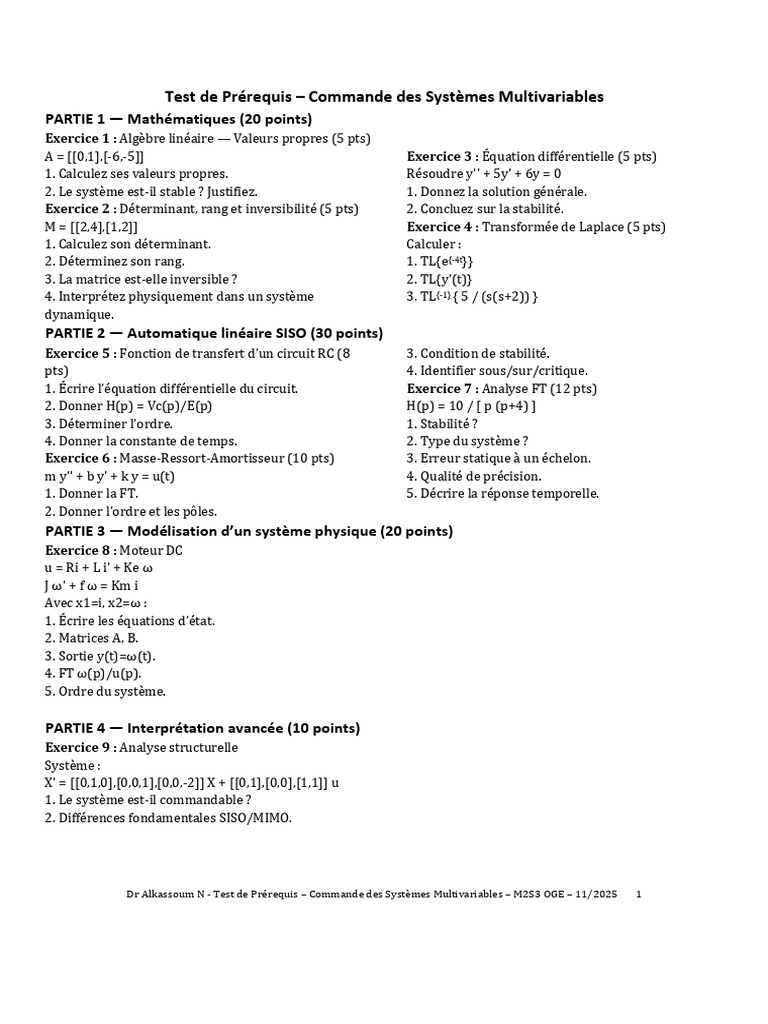 Test Prérequis Commande Systèmes M2S3 | PDF | Déterminant | Valeur ...