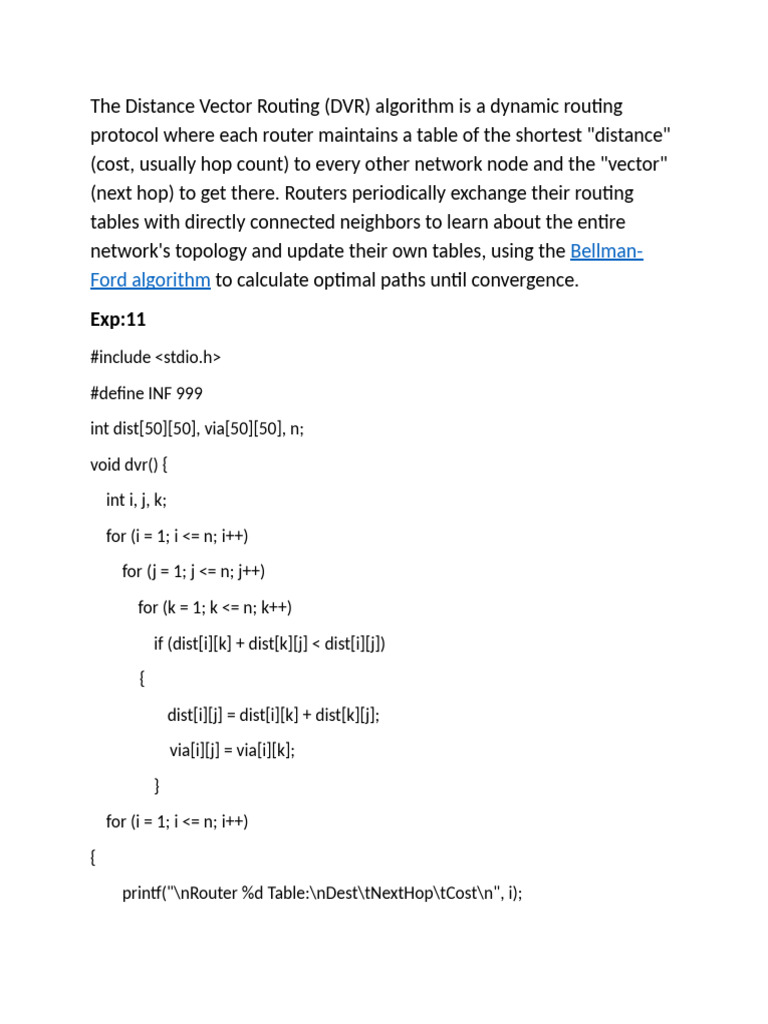 Distance Vector Routing Algorithm Guide | PDF