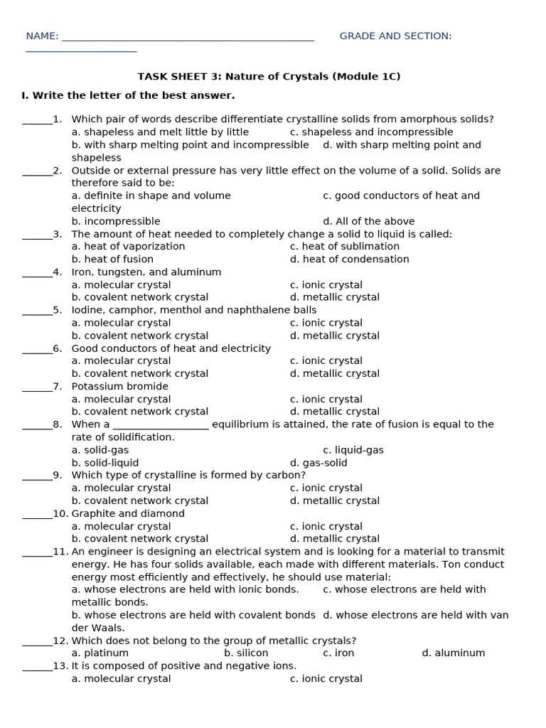 Crystalline Solids Quiz Worksheet | PDF | Crystal | Solid