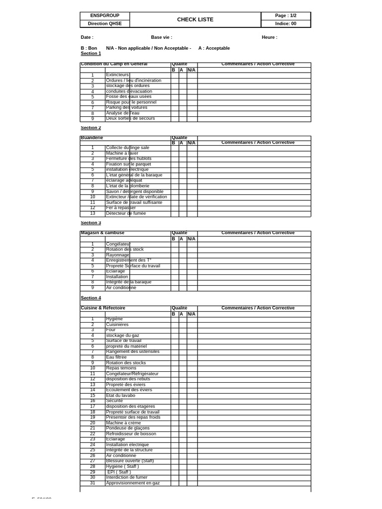 Checklist QHSE pour Camp de Base | PDF | Accueil
