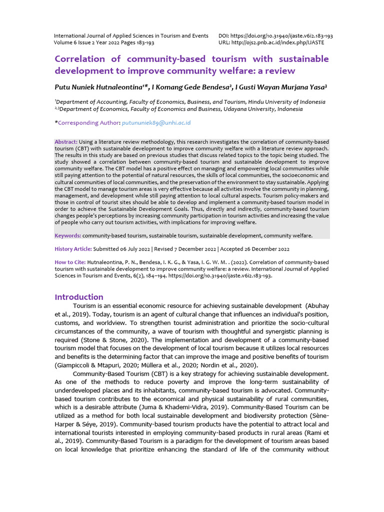 Correlation of Community Based Tourism With Sustainable Development To ...