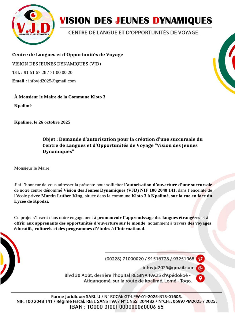 Demande d'ouverture d'une succursale VJD | PDF