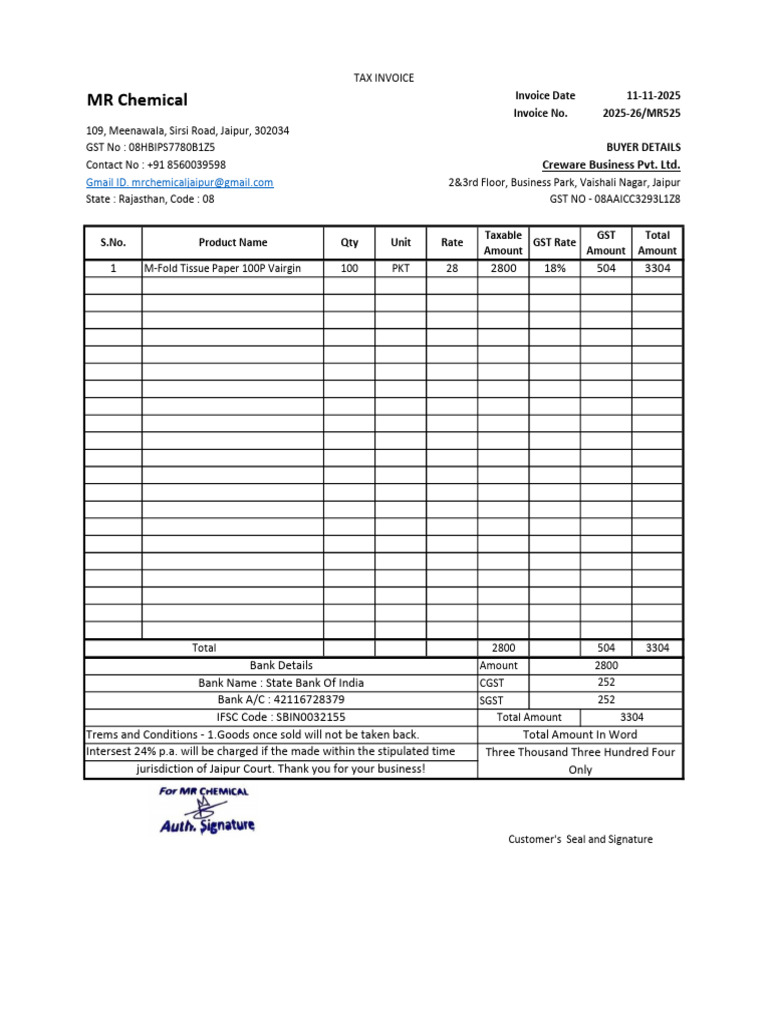 GST Tax Invoice for M-Fold Tissue Paper | PDF