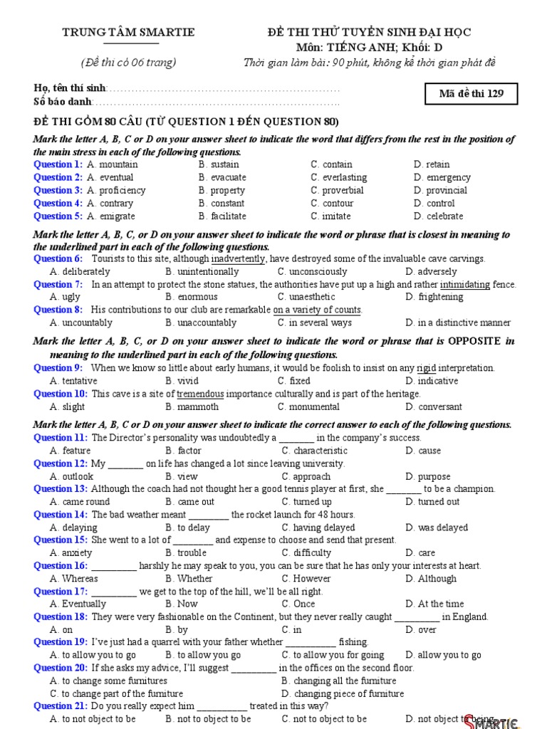 ĐỀ THI THỬ ĐH - Mã 129 (Smartie) | PDF | Ireland | Old Age