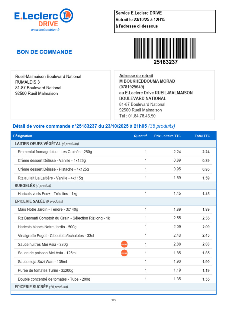 Commande E.Leclerc DRIVE n°25183237 | PDF | Nourritures