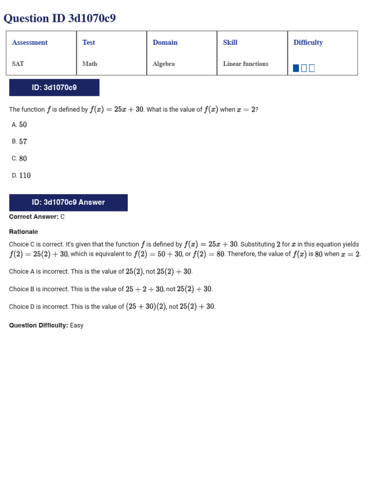SAT Math Questions on Linear Functions | PDF | Equations | Algebra