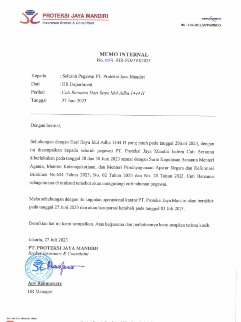Memo Internal_Cuti Bersama Hari Raya Idul Adha 1444H_PJM | PDF
