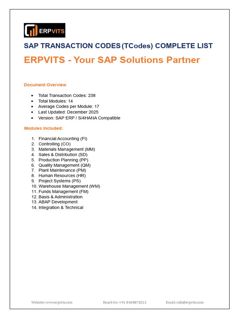 Complete SAP Transaction Codes List | PDF | Databases | Software