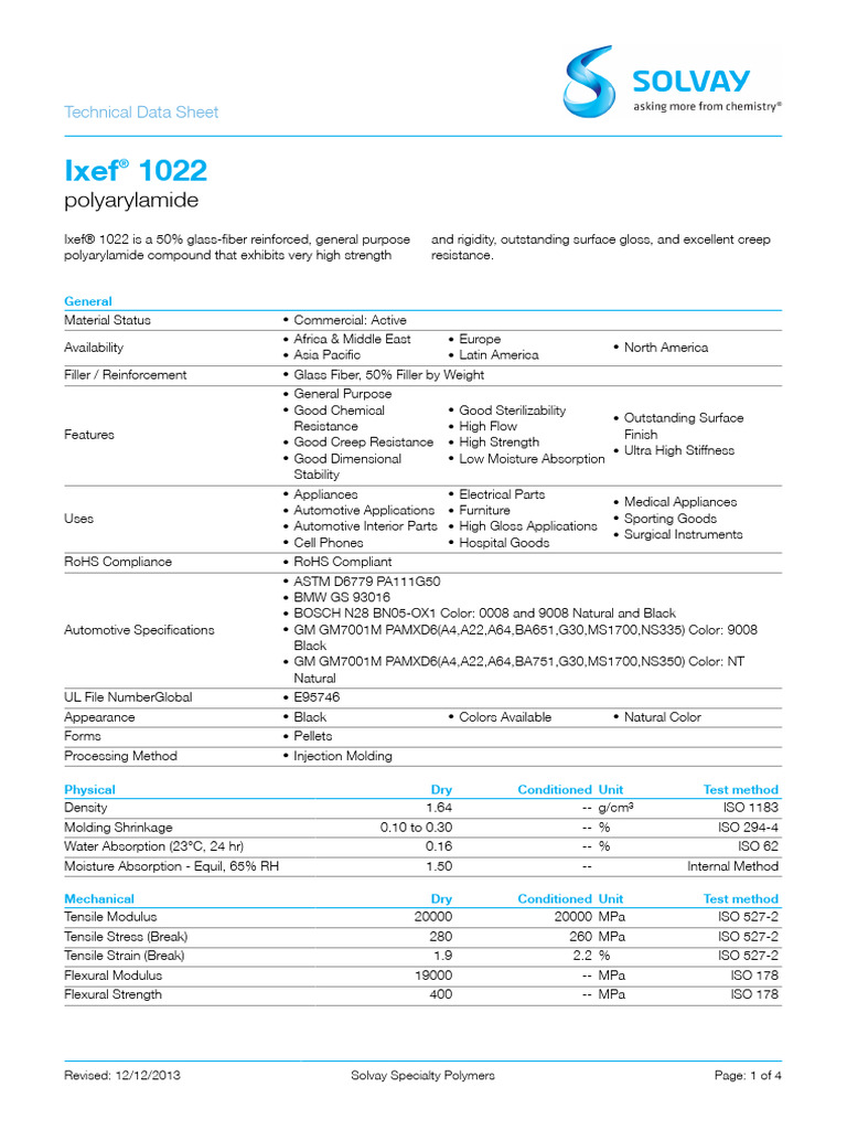 Ixef 1022 Polyarylamide Data Sheet | PDF | Deformation (Engineering ...