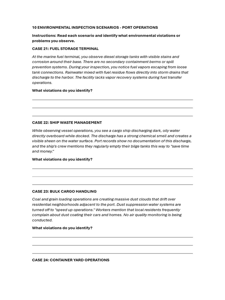 10 Environmental Inspection Scenarios | PDF | Waste | Ships