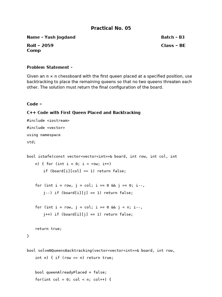 N-Queens Problem C++ Backtracking Solution | PDF