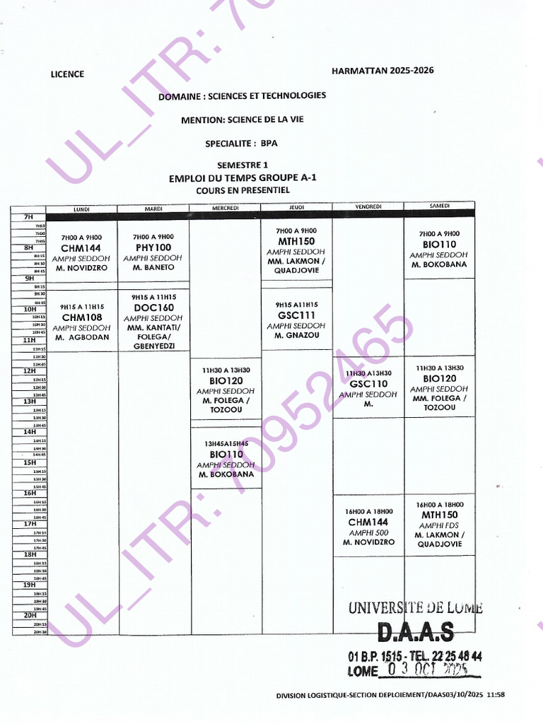 FDS - BPA - Emploi Du Temps Présentiel 2025-2026 - 70952465 | PDF