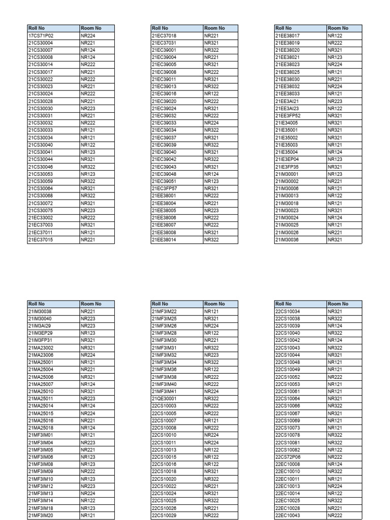 Student Roll and Room Numbers List | PDF